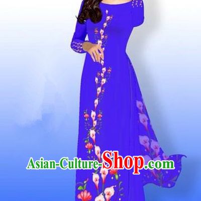 Traditional Top Grade Asian Vietnamese Costumes Full Dress, Vietnam National Ao Dai Dress Printing Flowers Blue Qipao for Women