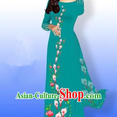 Traditional Top Grade Asian Vietnamese Costumes Full Dress, Vietnam National Ao Dai Dress Printing Flowers Peacock Green Qipao for Women