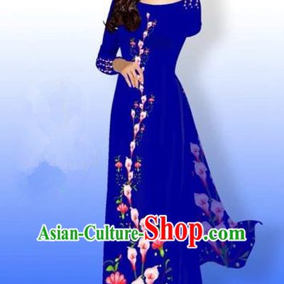 Traditional Top Grade Asian Vietnamese Costumes Full Dress, Vietnam National Ao Dai Dress Printing Flowers Royalblue Qipao for Women