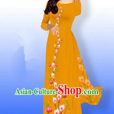 Traditional Top Grade Asian Vietnamese Costumes Full Dress, Vietnam National Ao Dai Dress Printing Flowers Ginger Qipao for Women