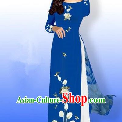 Traditional Top Grade Asian Vietnamese Costumes Full Dress, Vietnam National Ao Dai Dress Printing Flowers Round Collar Peacock Blue Qipao for Women
