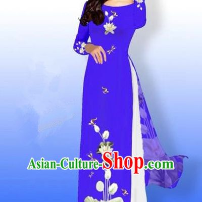 Traditional Top Grade Asian Vietnamese Costumes Full Dress, Vietnam National Ao Dai Dress Printing Flowers Round Collar Blue Qipao for Women