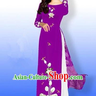 Traditional Top Grade Asian Vietnamese Costumes Full Dress, Vietnam National Ao Dai Dress Printing Flowers Round Collar Amaranth Qipao for Women