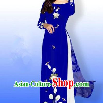 Traditional Top Grade Asian Vietnamese Costumes Full Dress, Vietnam National Ao Dai Dress Printing Flowers Round Collar Royalblue Qipao for Women