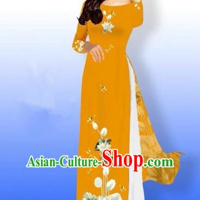 Traditional Top Grade Asian Vietnamese Costumes Full Dress, Vietnam National Ao Dai Dress Printing Flowers Round Collar Orange Qipao for Women