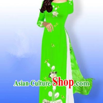 Traditional Top Grade Asian Vietnamese Costumes Full Dress, Vietnam National Ao Dai Dress Printing Flowers Round Collar Green Qipao for Women