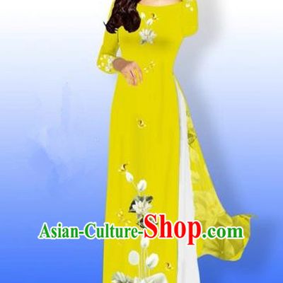 Traditional Top Grade Asian Vietnamese Costumes Full Dress, Vietnam National Ao Dai Dress Printing Flowers Round Collar Yellow Qipao for Women