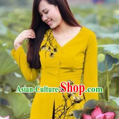 Traditional Top Grade Asian Vietnamese Costumes, Vietnam National Ao Dai Printing Yellow Blouse for Women