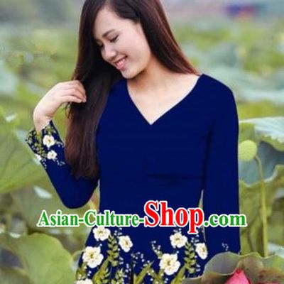 Traditional Top Grade Asian Vietnamese Costumes, Vietnam National Ao Dai Printing Navy Blouse for Women