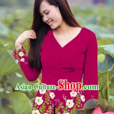 Traditional Top Grade Asian Vietnamese Costumes, Vietnam National Ao Dai Printing Wine Red Blouse for Women