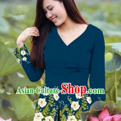 Traditional Top Grade Asian Vietnamese Costumes, Vietnam National Ao Dai Printing Peacock Blue Blouse for Women