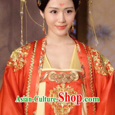Traditional Chinese Ancient Wedding Costumes and Handmade Headpiece Complete Set, The Glory of Tang Dynasty Imperial Concubine Bride Trailing Dress Clothing for Women