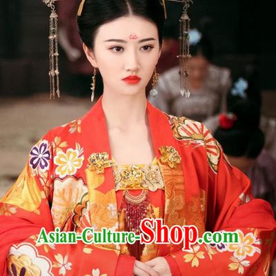 Traditional Chinese Ancient Princess Wedding Costumes and Phoenix Coronet Handmade Headpiece Complete Set, The Glory of Tang Dynasty Bride Trailing Dress Clothing for Women