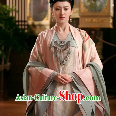 Traditional Chinese Ancient Imperial Concubine Costumes and Handmade Headpiece Complete Set, The Glory of Tang Dynasty Palace Lady Princess Trailing Dress Clothing for Women