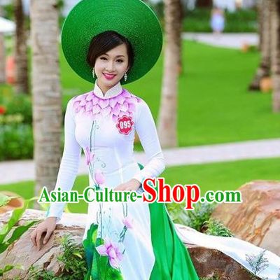 Traditional Top Grade Asian Vietnamese Costumes Classical Printing Lotus Full Dress, Vietnam National Ao Dai Dress White Qipao for Women