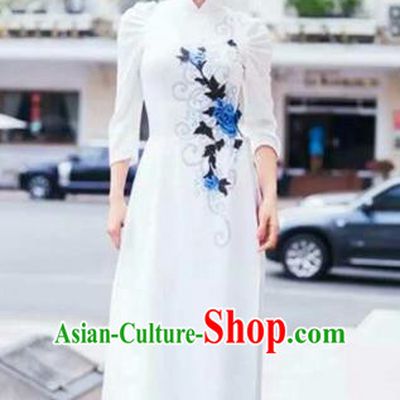 Traditional Top Grade Asian Vietnamese Costumes Classical Printing Flowers Full Dress, Vietnam National Ao Dai Dress White Qipao for Women