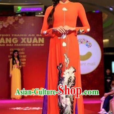 Traditional Top Grade Asian Vietnamese Costumes Classical Printing Flowers Full Dress, Vietnam National Ao Dai Dress Red Silk Qipao for Women