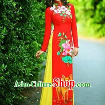 Traditional Top Grade Asian Vietnamese Costumes Classical Printing Wedding Full Dress, Vietnam National Ao Dai Dress Chinese Zodiac Pig Red Qipao for Women
