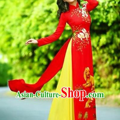 Traditional Top Grade Asian Vietnamese Costumes Classical Printing Wedding Full Dress, Vietnam National Ao Dai Dress Chinese Zodiac Dog Red Qipao for Women