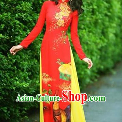 Traditional Top Grade Asian Vietnamese Costumes Classical Printing Wedding Full Dress, Vietnam National Ao Dai Dress Chinese Zodiac Rooster Red Qipao for Women