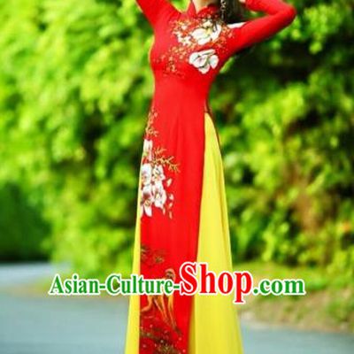 Traditional Top Grade Asian Vietnamese Costumes Classical Printing Wedding Full Dress, Vietnam National Ao Dai Dress Chinese Zodiac Monkey Red Qipao for Women