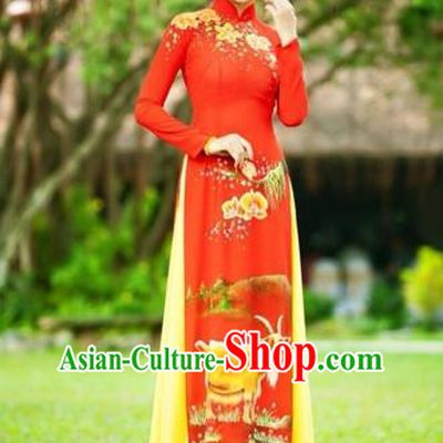 Traditional Top Grade Asian Vietnamese Costumes Classical Printing Wedding Full Dress, Vietnam National Ao Dai Dress Chinese Zodiac Sheep Red Qipao for Women