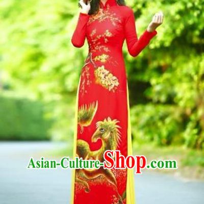 Traditional Top Grade Asian Vietnamese Costumes Classical Printing Wedding Full Dress, Vietnam National Ao Dai Dress Chinese Zodiac Horse Red Qipao for Women