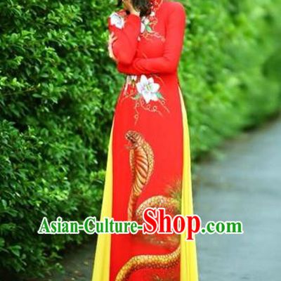 Traditional Top Grade Asian Vietnamese Costumes Classical Printing Wedding Full Dress, Vietnam National Ao Dai Dress Chinese Zodiac Snake Red Qipao for Women