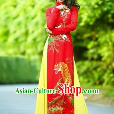 Traditional Top Grade Asian Vietnamese Costumes Classical Printing Wedding Full Dress, Vietnam National Ao Dai Dress Chinese Zodiac Tiger Red Qipao for Women