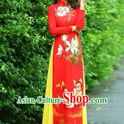 Traditional Top Grade Asian Vietnamese Costumes Classical Printing Wedding Full Dress, Vietnam National Ao Dai Dress Cat Red Qipao for Women