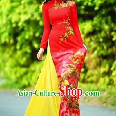 Traditional Top Grade Asian Vietnamese Costumes Classical Printing Wedding Full Dress, Vietnam National Ao Dai Dress Chinese Zodiac Dragon Red Qipao for Women