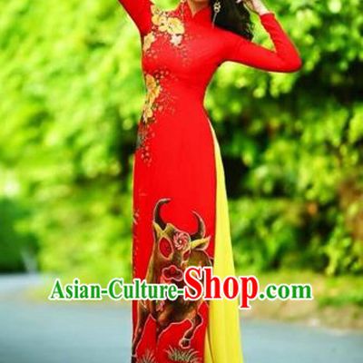 Traditional Top Grade Asian Vietnamese Costumes Classical Printing Wedding Full Dress, Vietnam National Ao Dai Dress Chinese Zodiac Ox Red Qipao for Women