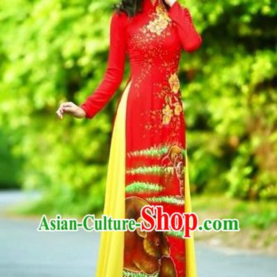 Traditional Top Grade Asian Vietnamese Costumes Classical Printing Wedding Full Dress, Vietnam National Ao Dai Dress Chinese Zodiac Rat Red Qipao for Women