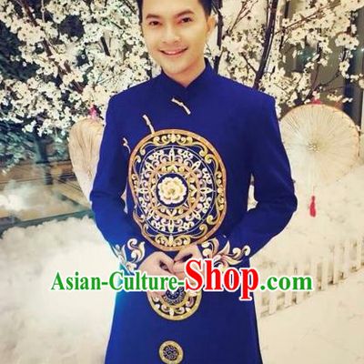 Traditional Top Grade Asian Vietnamese Costumes Classical Hand Printing Wedding Dress, Vietnam National Bridegroom Clothing for Men
