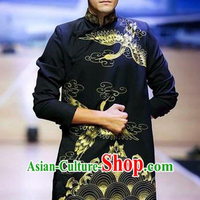 Traditional Top Grade Asian Vietnamese Costumes Classical Hand Printing Crane Wedding Dress, Vietnam National Bridegroom Black Clothing for Men