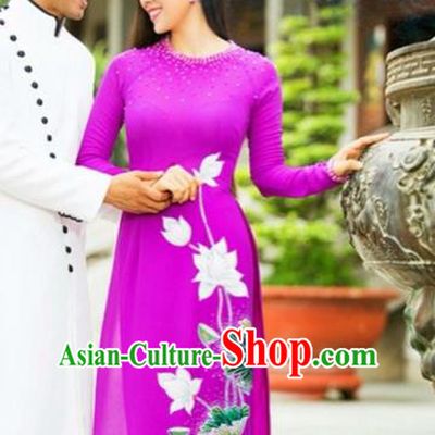 Traditional Top Grade Asian Vietnamese Costumes Classical Printing Wedding Full Dress, Vietnam National Ao Dai Dress Rosy Bride Qipao for Women