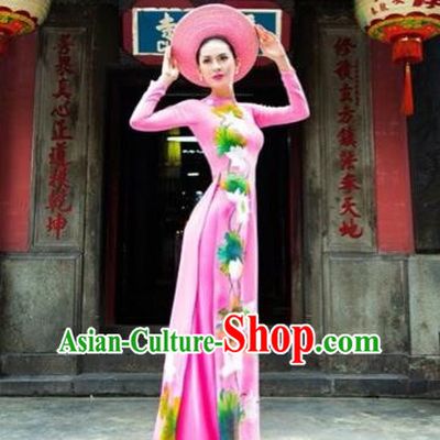 Traditional Top Grade Asian Vietnamese Costumes Classical Printing Wedding Full Dress, Vietnam National Ao Dai Dress Pink Bride Qipao for Women