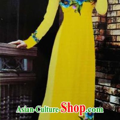Traditional Top Grade Asian Vietnamese Costumes Classical Printing Wedding Full Dress, Vietnam National Ao Dai Dress Yellow Bride Qipao for Women