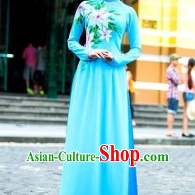 Traditional Top Grade Asian Vietnamese Costumes Classical Printing Wedding Full Dress, Vietnam National Ao Dai Dress Blue Bride Qipao for Women