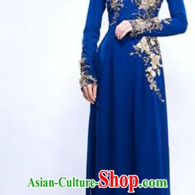 Traditional Top Grade Asian Vietnamese Costumes Classical Hand Embroidery Dowager Full Dress, Vietnam National Ao Dai Dress Bride Royalblue Qipao for Women