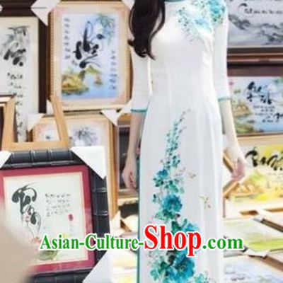Traditional Top Grade Asian Vietnamese Costumes Classical Hand Printing Flowers Dowager Full Dress, Vietnam National Ao Dai Dress Bride White Qipao for Women