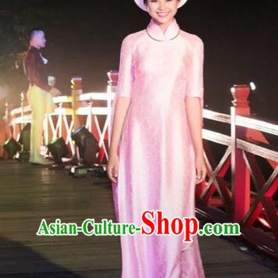 Traditional Top Grade Asian Vietnamese Costumes Classical Wedding Full Dress, Vietnam National Ao Dai Dress Bride Pink Stand Collar Qipao for Women