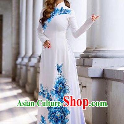 Traditional Top Grade Asian Vietnamese Costumes Classical Hand Printing Blue Flowers Dowager Full Dress, Vietnam National Ao Dai Dress Bride White Qipao for Women