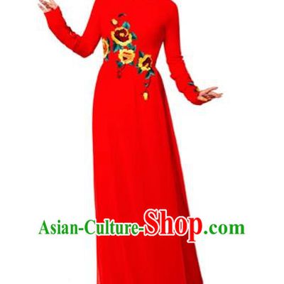 Traditional Top Grade Asian Vietnamese Costumes Classical Printing Wedding Full Dress, Vietnam National Ao Dai Dress Bride Red Round Collar Qipao for Women