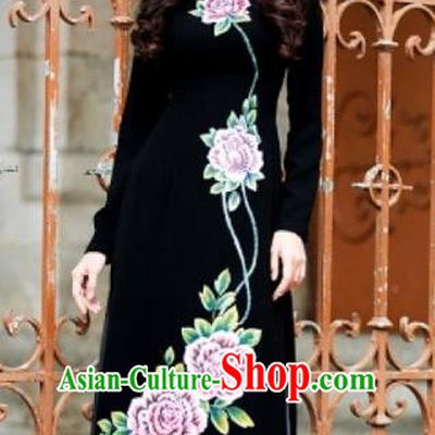 Traditional Top Grade Asian Vietnamese Costumes Classical Printing Full Dress, Vietnam National Ao Dai Dress Catwalks Black Qipao for Women