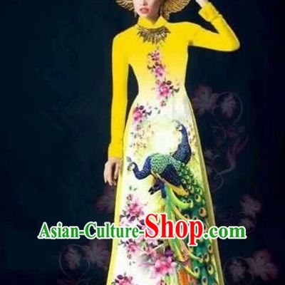 Traditional Top Grade Asian Vietnamese Costumes Classical Printing Peacock Full Dress, Vietnam National Ao Dai Dress Catwalks Yellow Qipao for Women