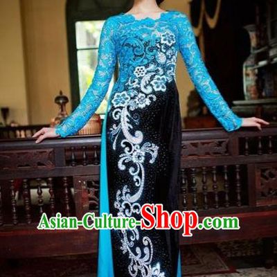 Traditional Top Grade Asian Vietnamese Costumes Classical Printing Lace Full Dress, Vietnam National Ao Dai Dress Catwalks Blue Qipao for Women