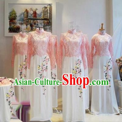 Traditional Top Grade Asian Vietnamese Costumes Classical Printing Lace Full Dress, Vietnam National Ao Dai Dress Catwalks Bridesmaid Pink Qipao for Women