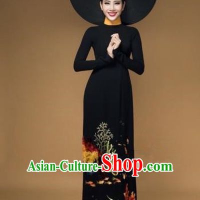 Traditional Top Grade Asian Vietnamese Costumes Classical Printing Full Dress, Vietnam National Ao Dai Dress Catwalks Bride Black Qipao for Women
