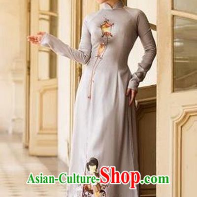 Traditional Top Grade Asian Vietnamese Costumes Classical Printing Full Dress, Vietnam National Ao Dai Dress Catwalks Bride White Qipao for Women